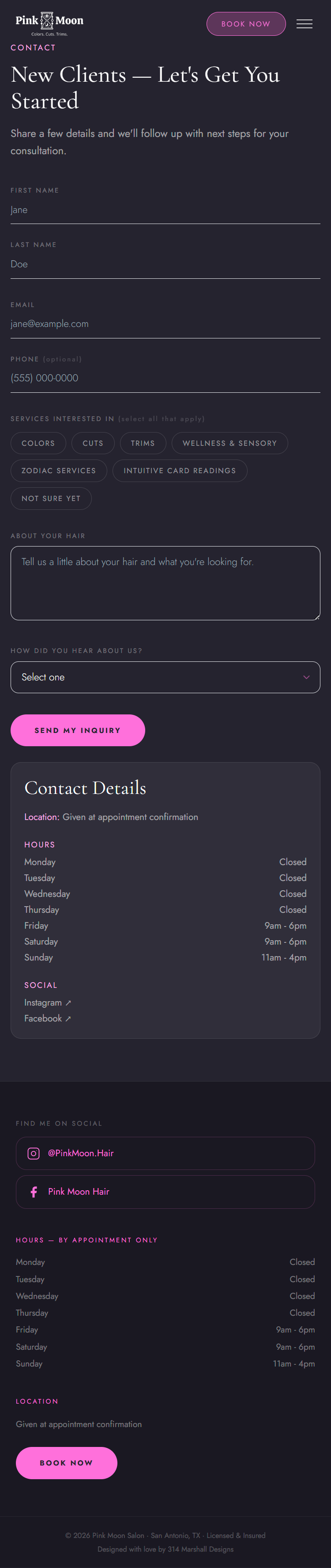 Pink Moon Hair Studio — Contact page