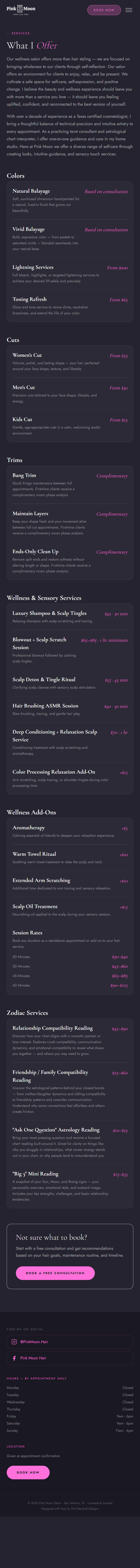 Pink Moon Hair Studio — Services page