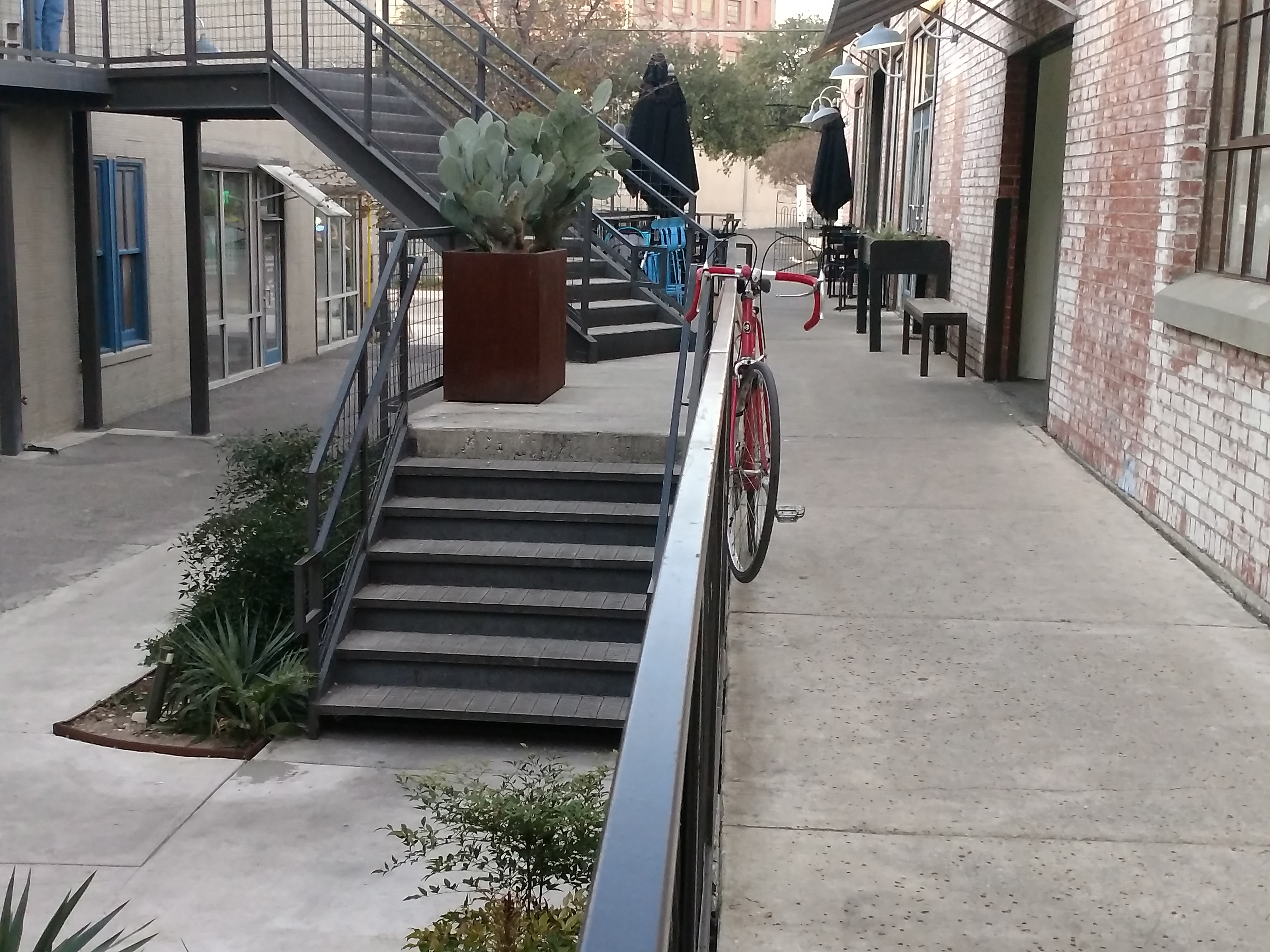 Corridor at local small business complex with trees